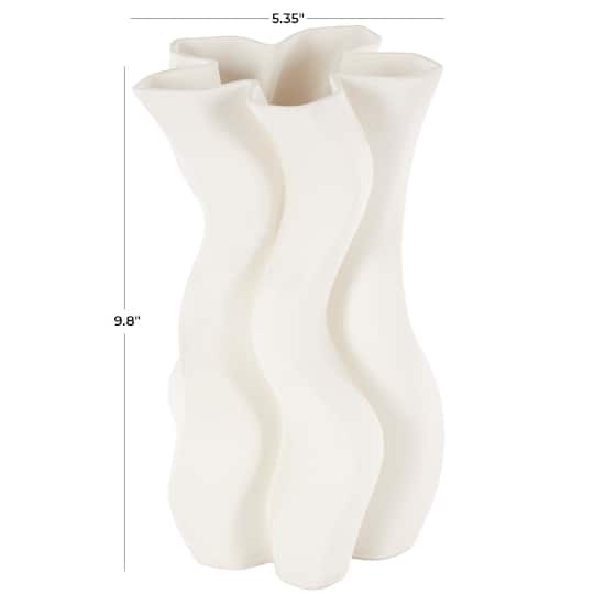 White Ceramic Abstract Ribbed Dimensional Wavy Vase with Floral Shaped Rim